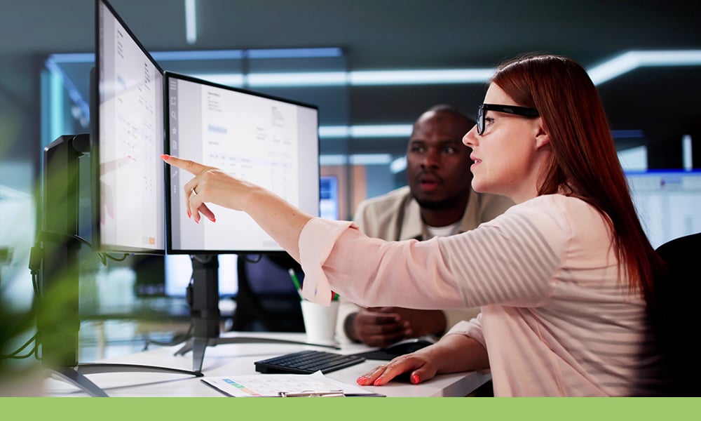 Colleagues viewing computer monitor